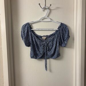 Vintage Blue Floral Tie-Front Crop Top